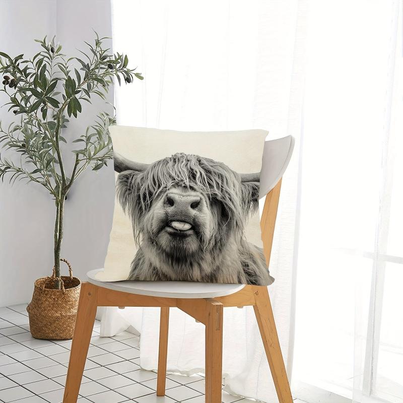Cow Square Linen Cushion Cover 45cmx45cm Highland Cow Print Pillow Cover