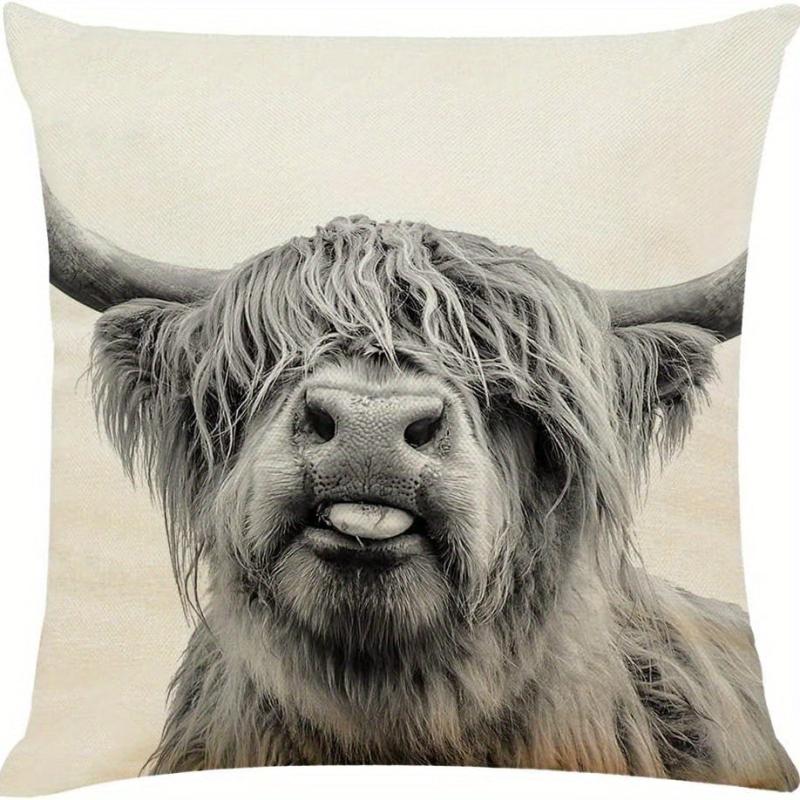 Cow Square Linen Cushion Cover 45cmx45cm Highland Cow Print Pillow Cover