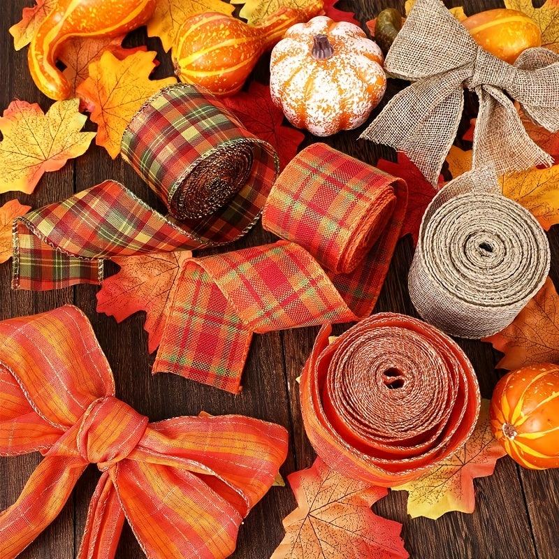 Thanksgiving Fall Wired Edge Ribbons - Autumn Plaid Burlap Ribbons