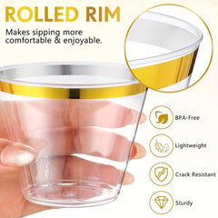 30pcs Clear Plastic Cups With Golden Rim 9oz