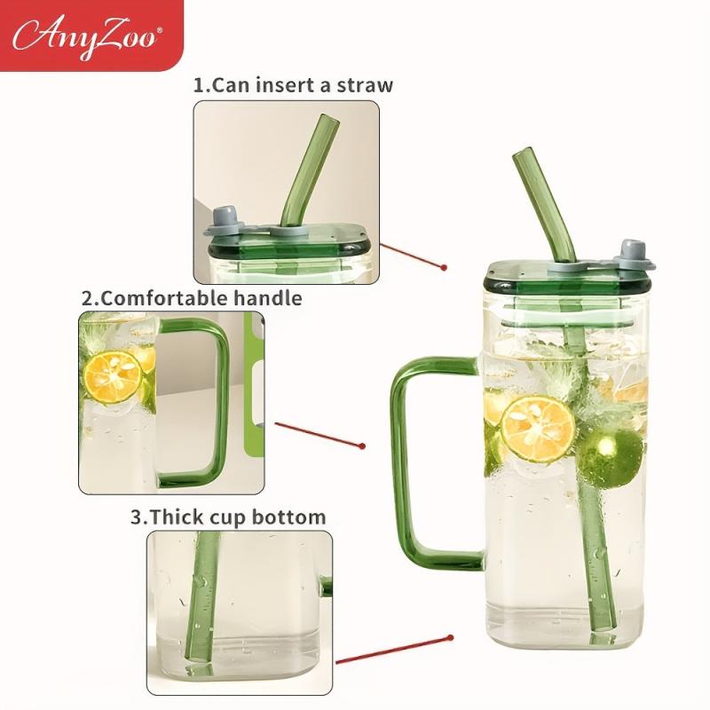 Anyzoo Glass Tumbler 300ml with Lid & Straw