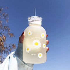 480ml Matte Glass Water Bottle with Straw, Sunflower Design, Back to School