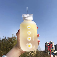 480ml Matte Glass Water Bottle with Straw, Sunflower Design, Back to School