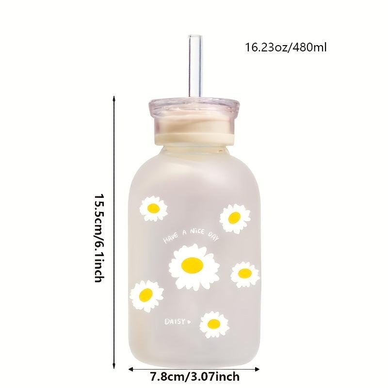 480ml Matte Glass Water Bottle with Straw, Sunflower Design, Back to School