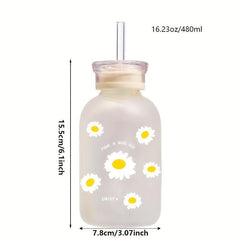 480ml Matte Glass Water Bottle with Straw, Sunflower Design, Back to School