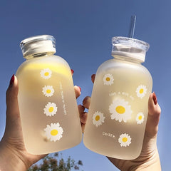 480ml Matte Glass Water Bottle with Straw, Sunflower Design, Back to School
