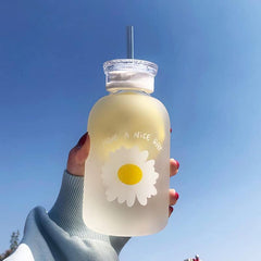 480ml Matte Glass Water Bottle with Straw, Sunflower Design, Back to School
