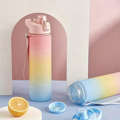 Rainbow 32oz Motivational Water Bottle with Time Marker & Rope Handle