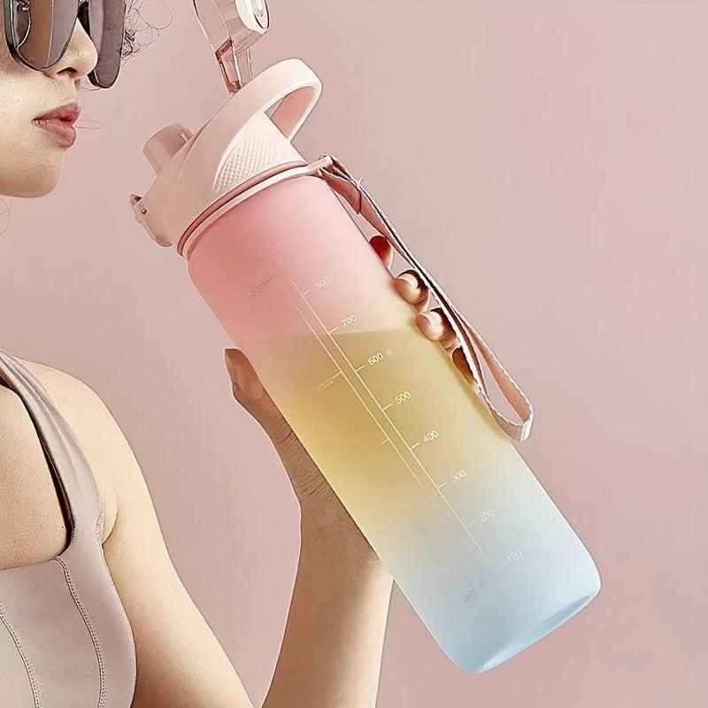 Rainbow 32oz Motivational Water Bottle with Time Marker & Rope Handle
