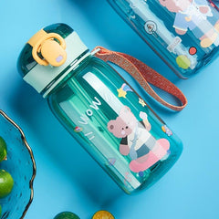 Bear Print Plastic Cup With Straw 400ml 13.5oz Portable Drinking Cup