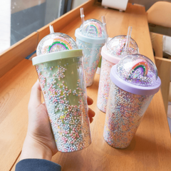 Large Rainbow Plastic Water Cup with Double Layer Bead Smoothie Cup