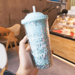 Large Rainbow Plastic Water Cup with Double Layer Bead Smoothie Cup