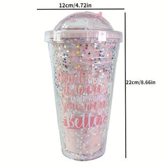 Large Rainbow Plastic Water Cup with Double Layer Bead Smoothie Cup