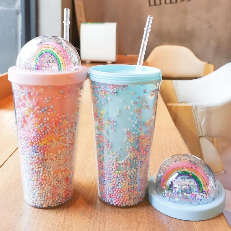 Large Rainbow Plastic Water Cup with Double Layer Bead Smoothie Cup