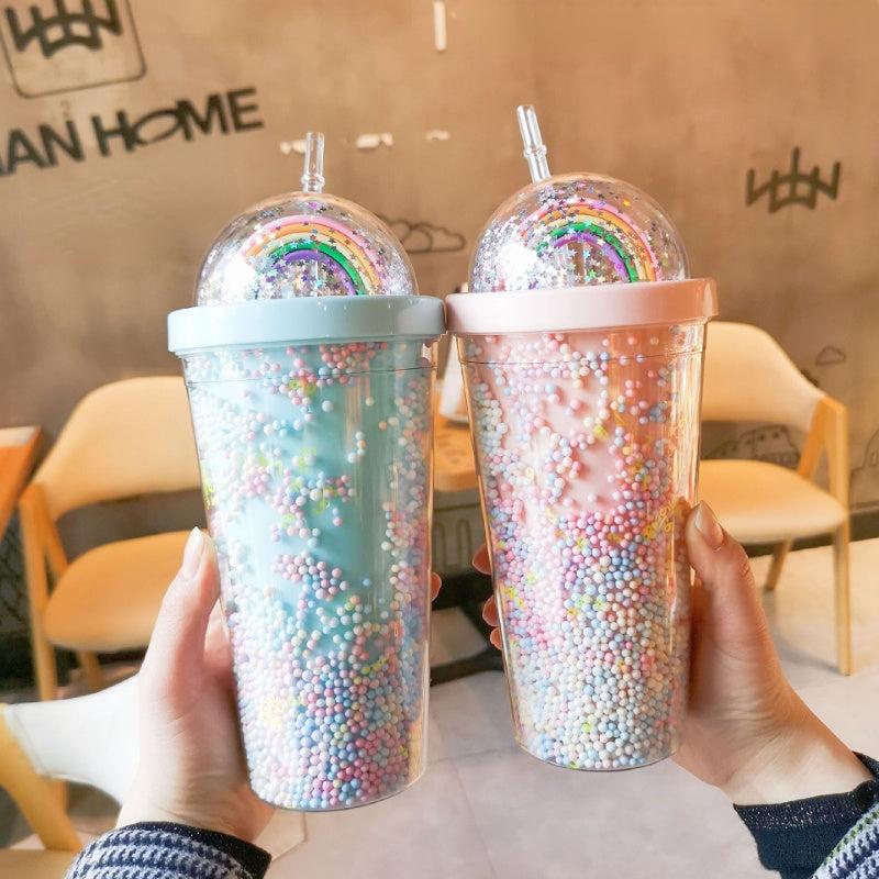 Large Rainbow Plastic Water Cup with Double Layer Bead Smoothie Cup