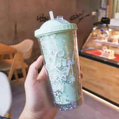Large Rainbow Plastic Water Cup with Double Layer Bead Smoothie Cup