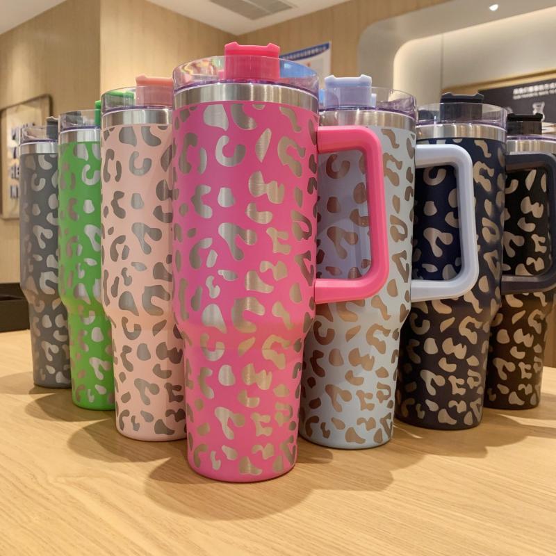 Leopard Print 40oz Stainless Steel Tumbler with Lid and Straw