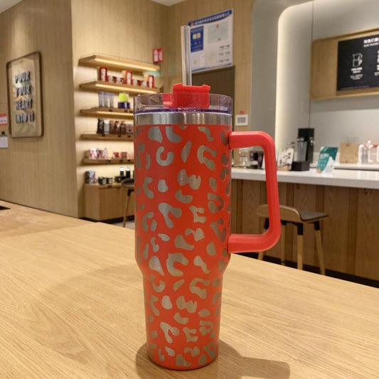 Leopard Print 40oz Stainless Steel Tumbler with Lid and Straw