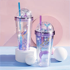 Pearl Mermaid Cup 14oz Portable Gradient Plastic Tumbler With Lid & Straw
