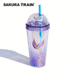 Pearl Mermaid Cup 14oz Portable Gradient Plastic Tumbler With Lid & Straw