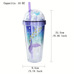 Pearl Mermaid Cup 14oz Portable Gradient Plastic Tumbler With Lid & Straw