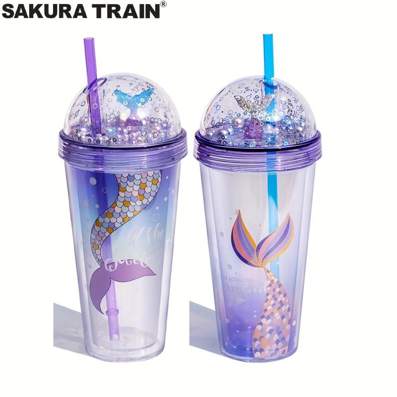 Pearl Mermaid Cup 14oz Portable Gradient Plastic Tumbler With Lid & Straw