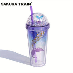 Pearl Mermaid Cup 14oz Portable Gradient Plastic Tumbler With Lid & Straw