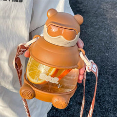 Cartoon Bear Water Bottle with Straw 900ml