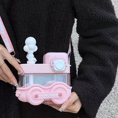 Cartoon Train Water Bottle 18oz with Straw and Strap for Travel and Birthday