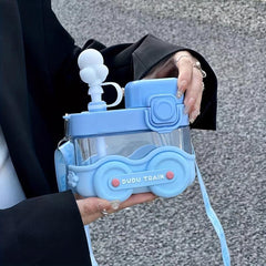 Cartoon Train Water Bottle 18oz with Straw and Strap for Travel and Birthday