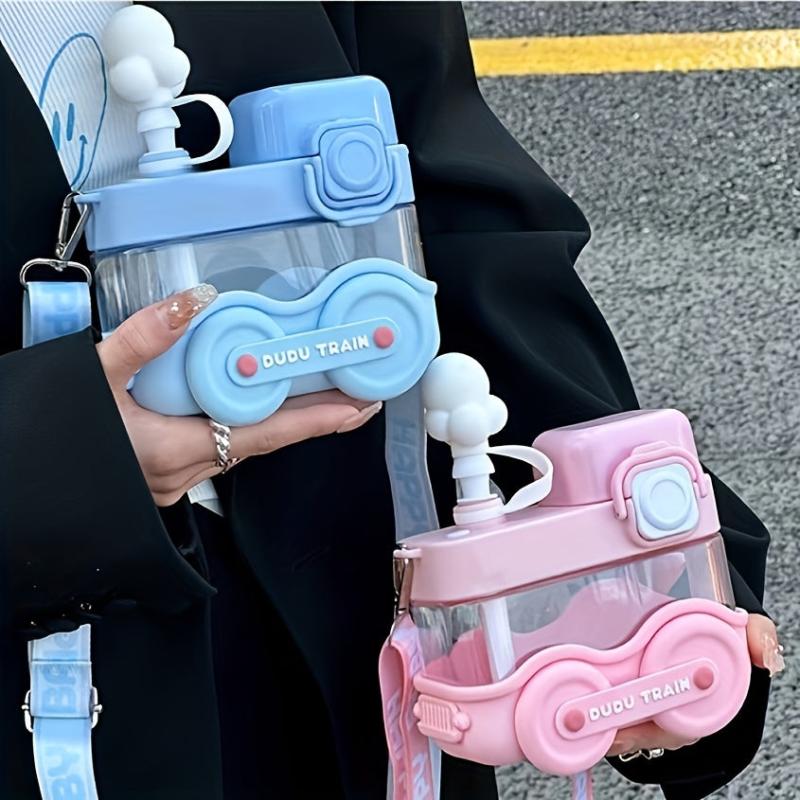 Cartoon Train Water Bottle 18oz with Straw and Strap for Travel and Birthday