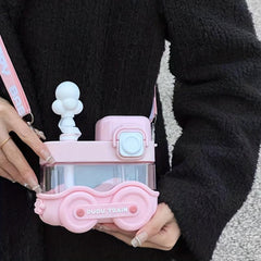 Cartoon Train Water Bottle 18oz with Straw and Strap for Travel and Birthday