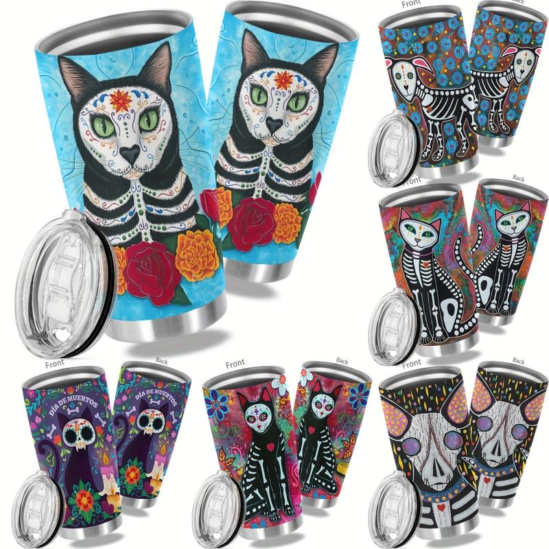 20oz Stainless Steel Tumbler Cat Skull Print Vacuum Insulated Travel Mug