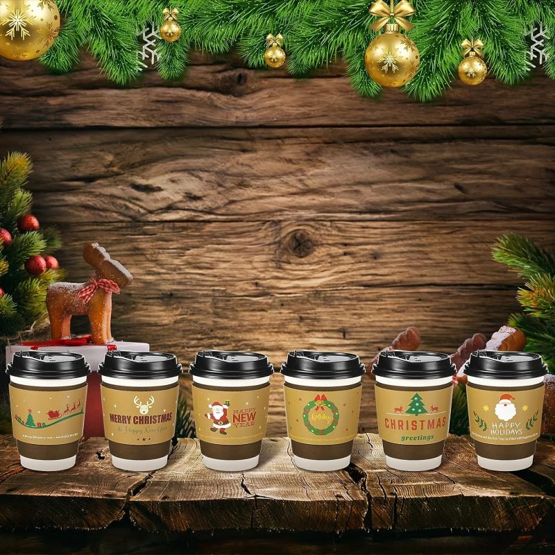 48pcs Christmas Cup Sleeves Paper Disposable Tea Cup 12-20 Oz Novel Style