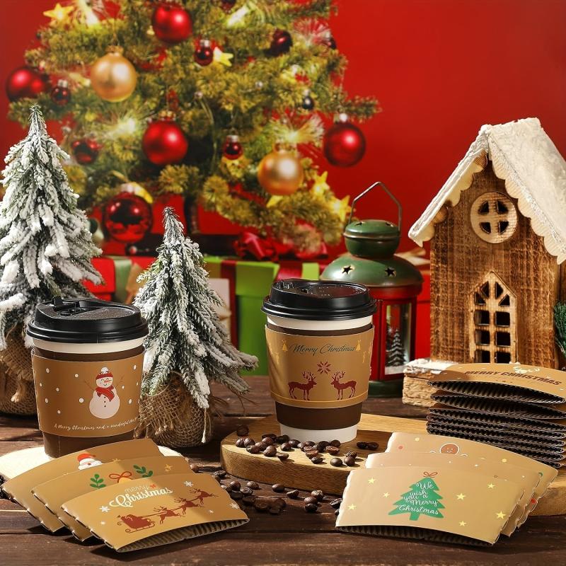 48pcs Christmas Cup Sleeves Paper Disposable Tea Cup 12-20 Oz Novel Style