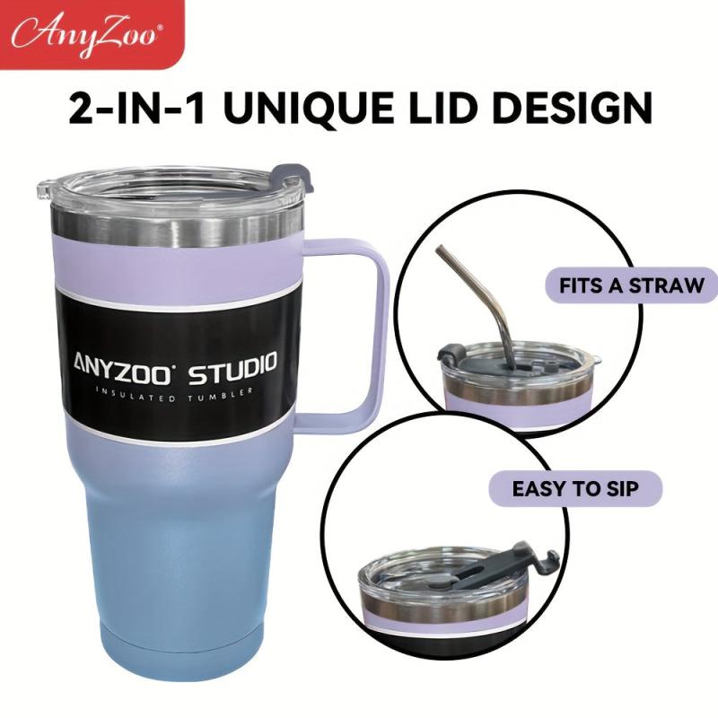 Anyzoo Tumbler 30oz Stainless Steel Water Bottle Handle Lid