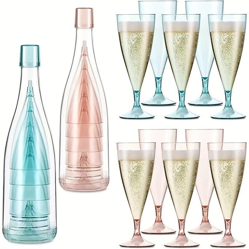 6pcs Plastic Champagne Flutes and Bottle Set - Kitchen Camping Organizer