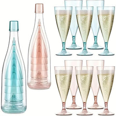 6pcs Plastic Champagne Flutes and Bottle Set - Kitchen Camping Organizer