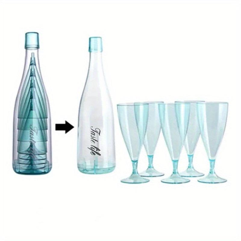 6pcs Plastic Champagne Flutes and Bottle Set - Kitchen Camping Organizer