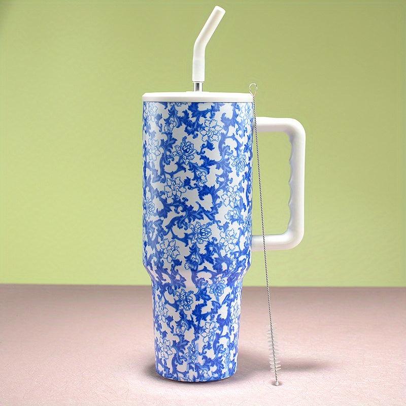 40oz Stainless Steel Flower Tumbler With Lid & Straw