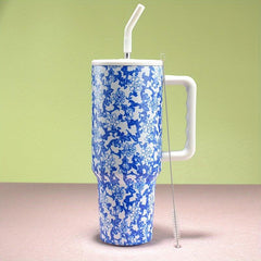 40oz Stainless Steel Flower Tumbler With Lid & Straw