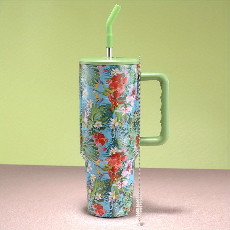 40oz Stainless Steel Flower Tumbler With Lid & Straw