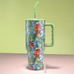 40oz Stainless Steel Flower Tumbler With Lid & Straw