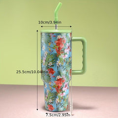 40oz Stainless Steel Flower Tumbler With Lid & Straw