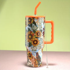 40oz Stainless Steel Flower Tumbler With Lid & Straw