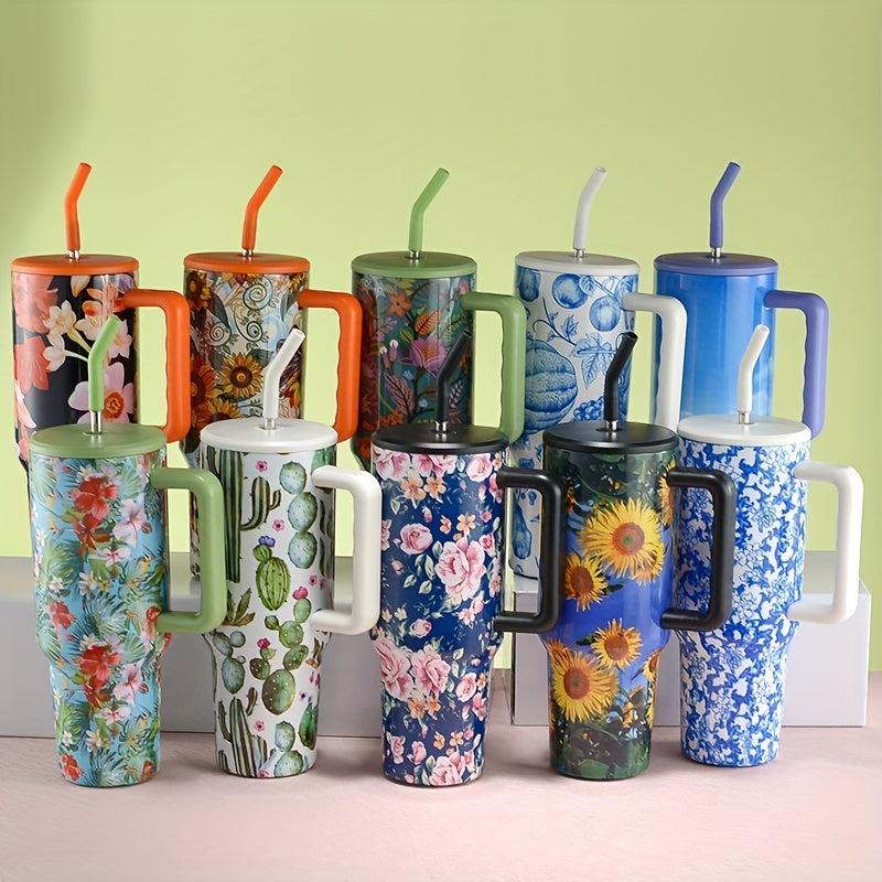 40oz Stainless Steel Flower Tumbler With Lid & Straw