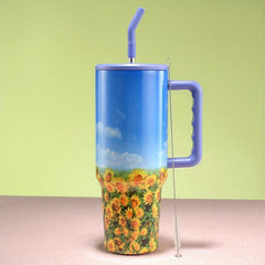 40oz Stainless Steel Flower Tumbler With Lid & Straw