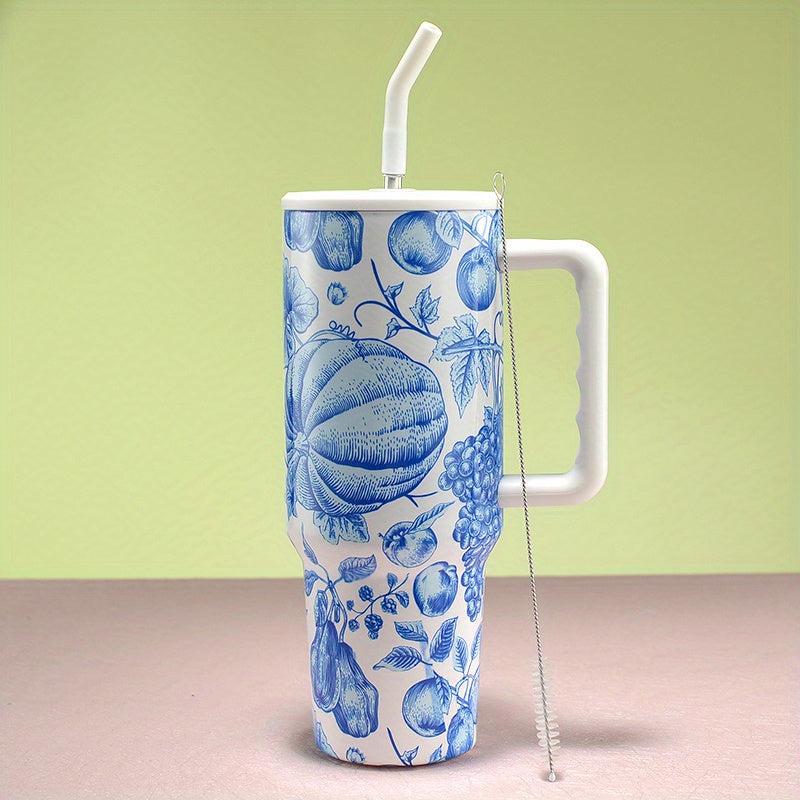 40oz Flower Tumbler Stainless Steel Thermal Bottle Lid Straw Handle
