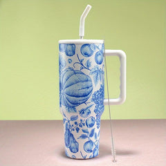 40oz Flower Tumbler Stainless Steel Thermal Bottle Lid Straw Handle
