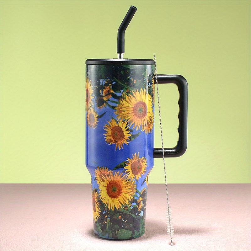 40oz Flower Tumbler Stainless Steel Thermal Bottle Lid Straw Handle